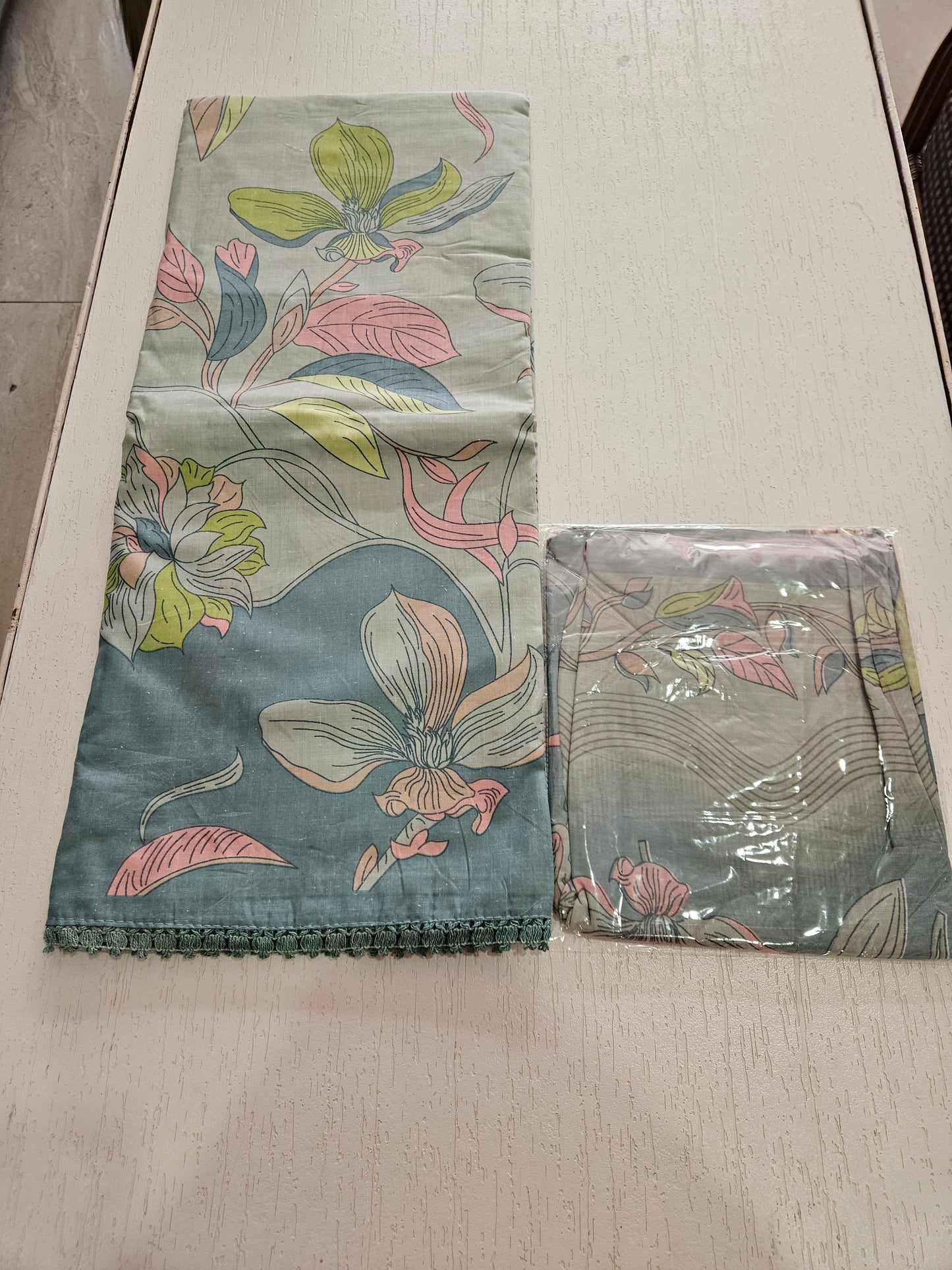 Cotton Printed Suit with Crotia Lace - Green Tone (Vaari)
