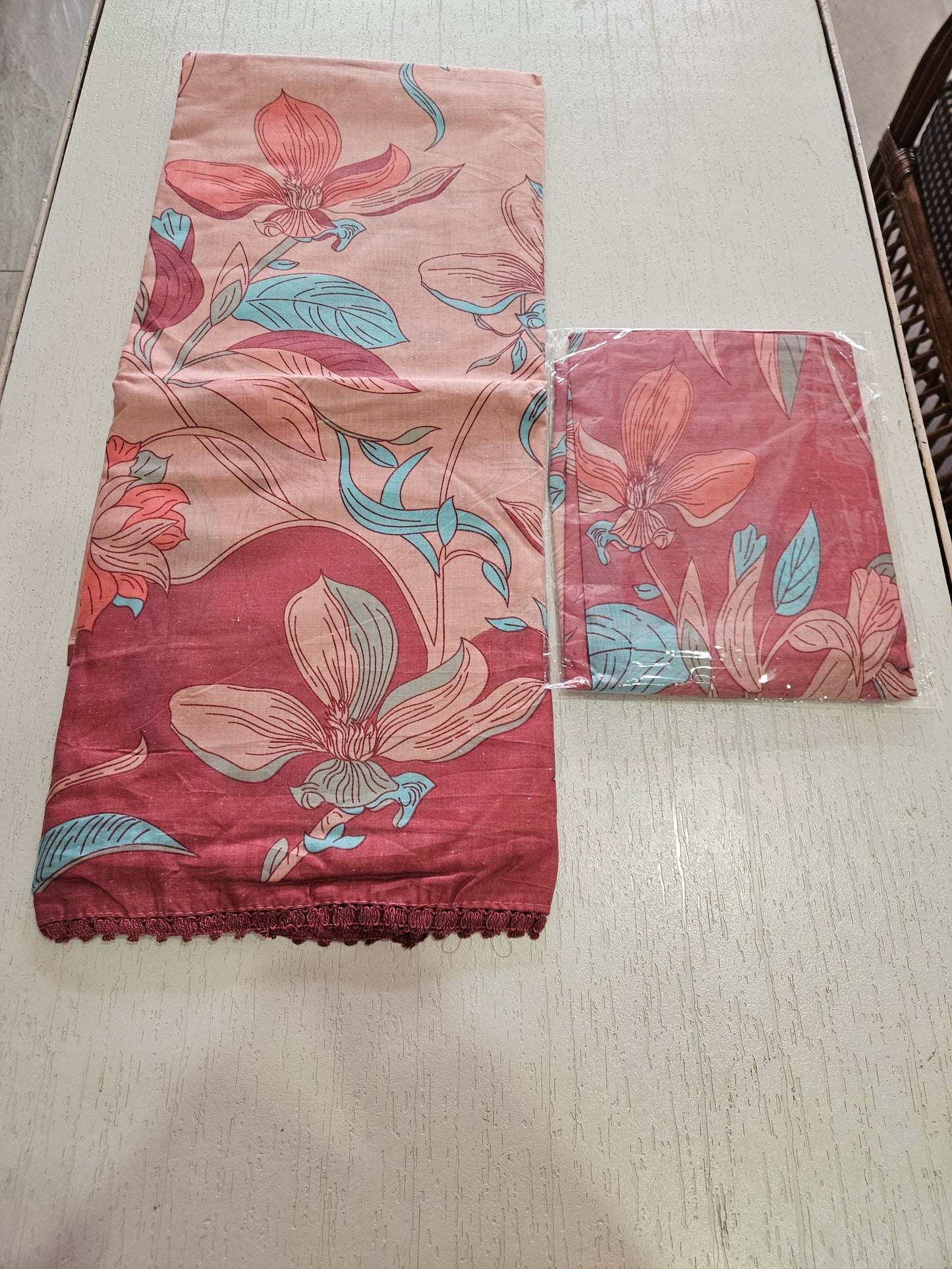 Cotton Printed Suit with Crotia Lace - Peach Tone (Vaari)