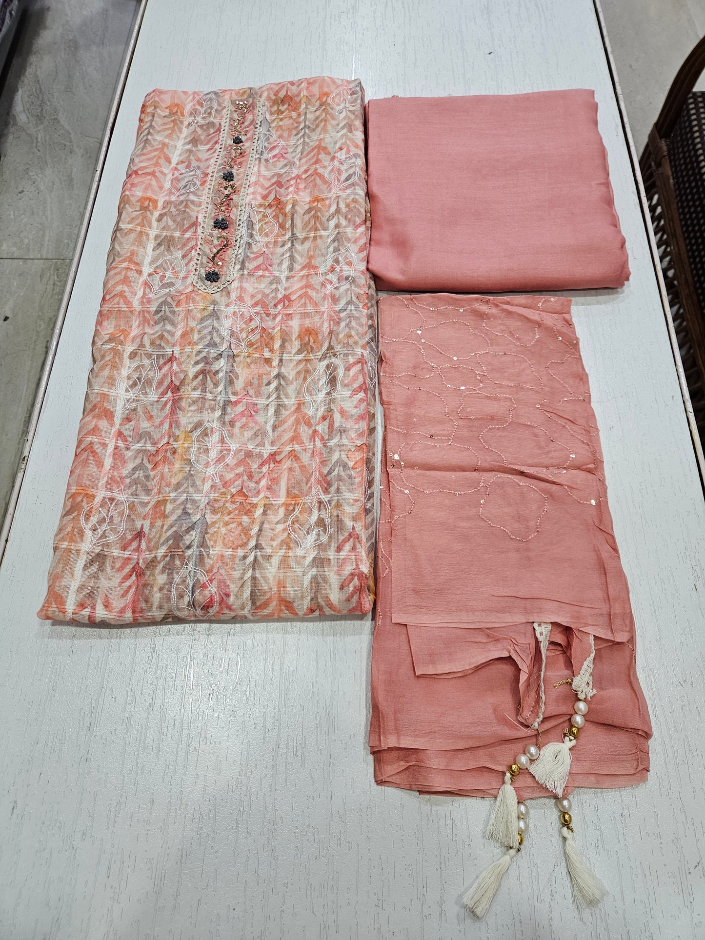Linen Printed Suit with AARI Work - M8333 Pink Tone