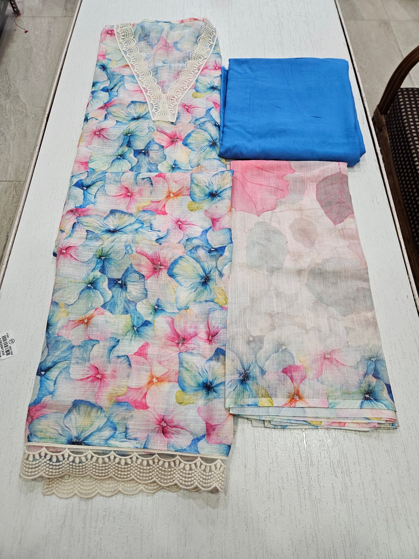 Linen Printed Suit - Lace on V Neck and Ghera (7059) Blue