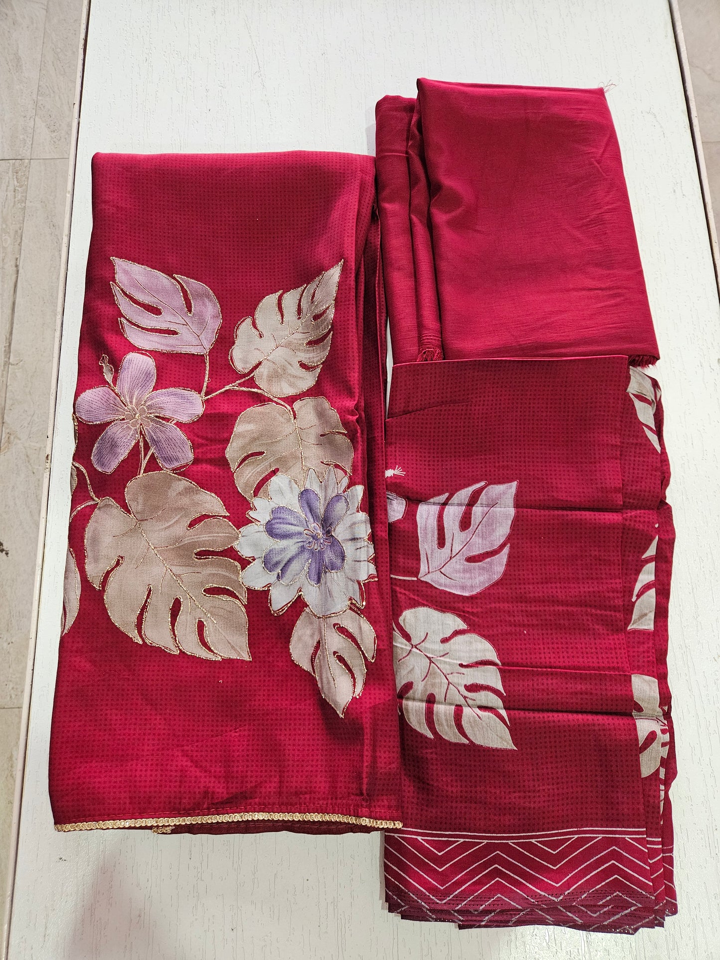 Muslin Suit with Zari Work - Norin Maroon