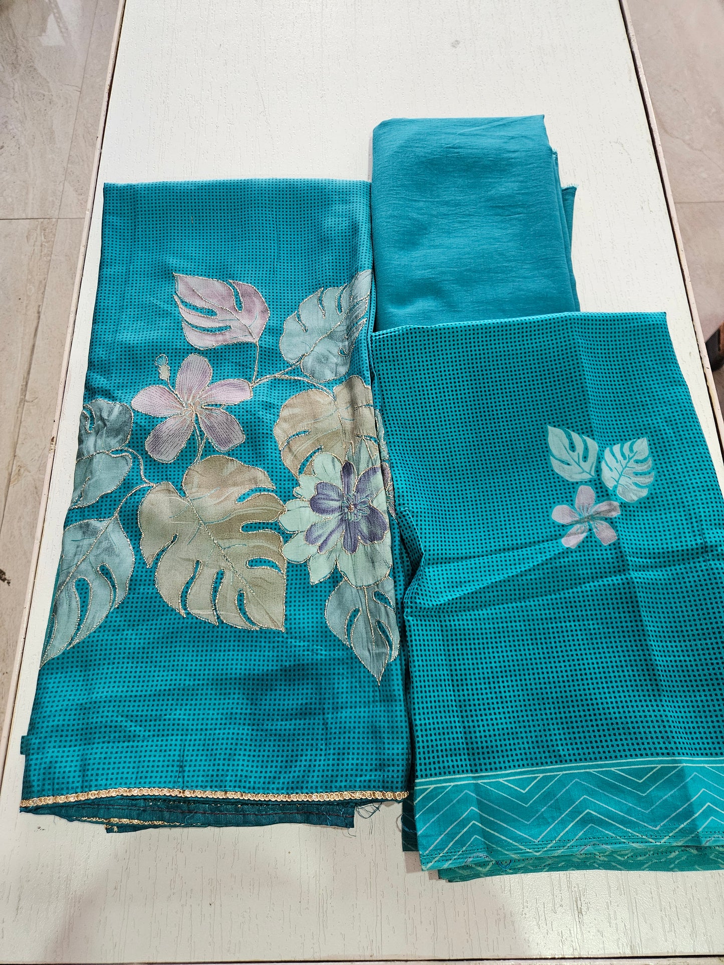 Muslin Suit with Zari Work - Norin Turquoise