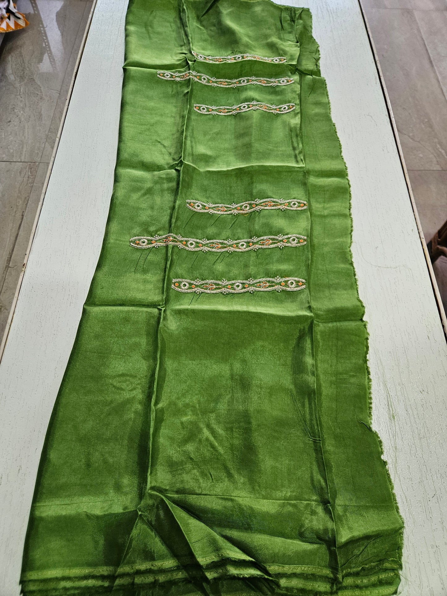 Pure Viscose Organza with Work (Green Orange)