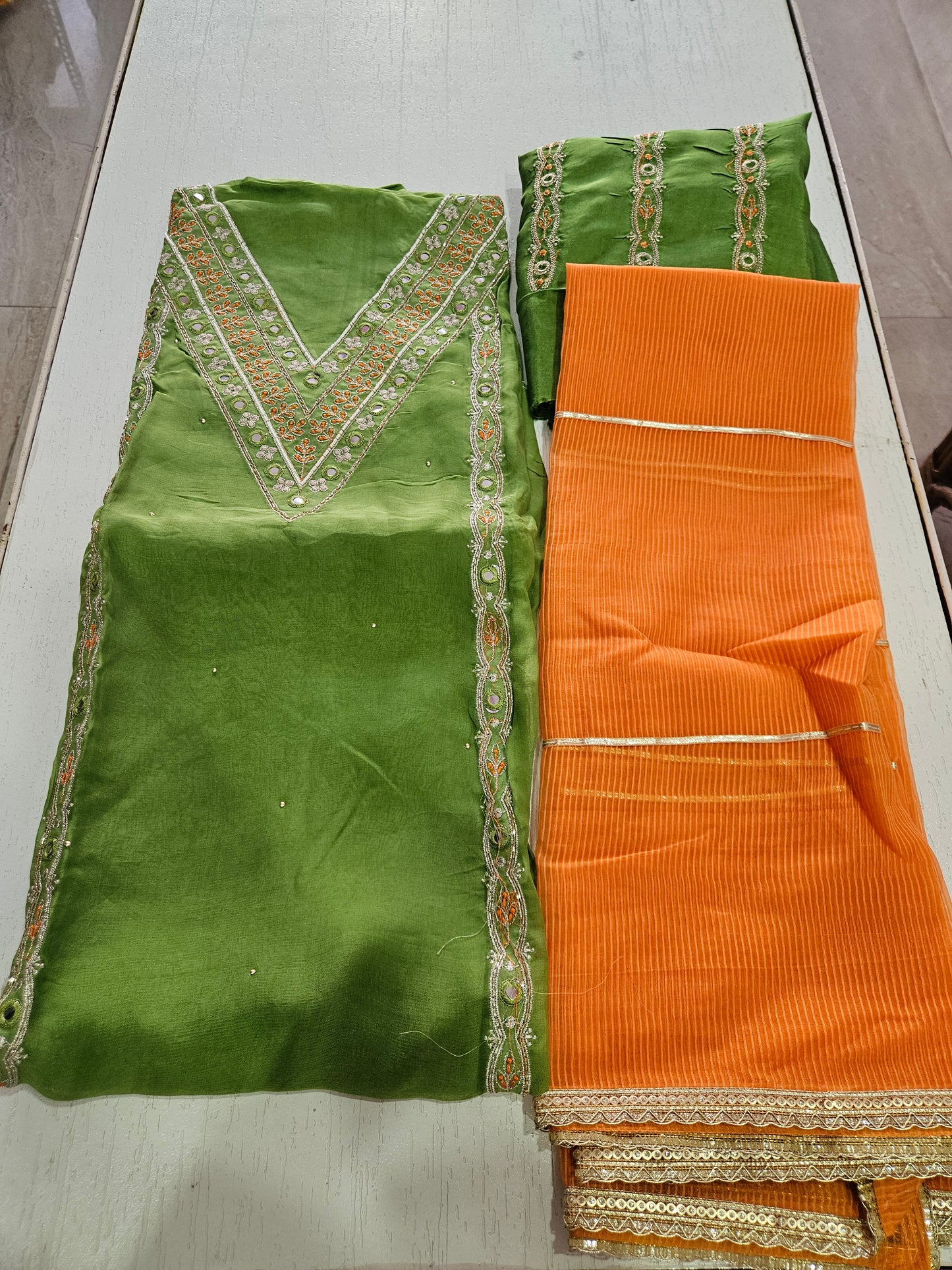 Pure Viscose Organza with Work (Green Orange)