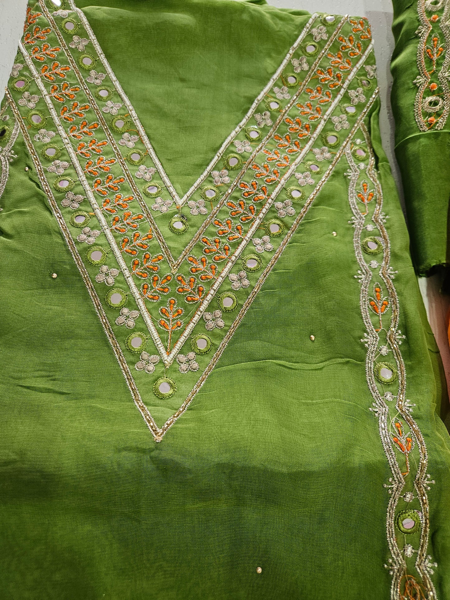 Pure Viscose Organza with Work (Green Orange)