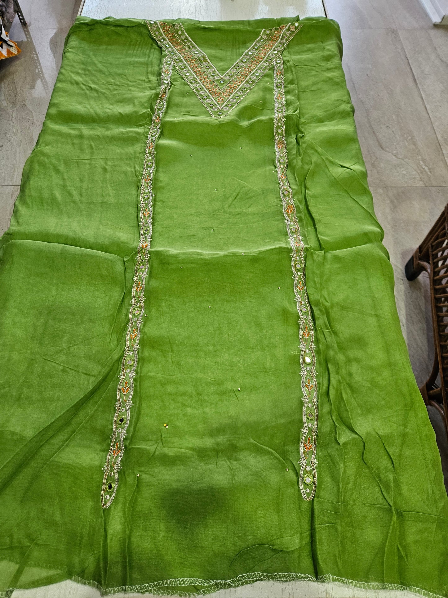 Pure Viscose Organza with Work (Green Orange)