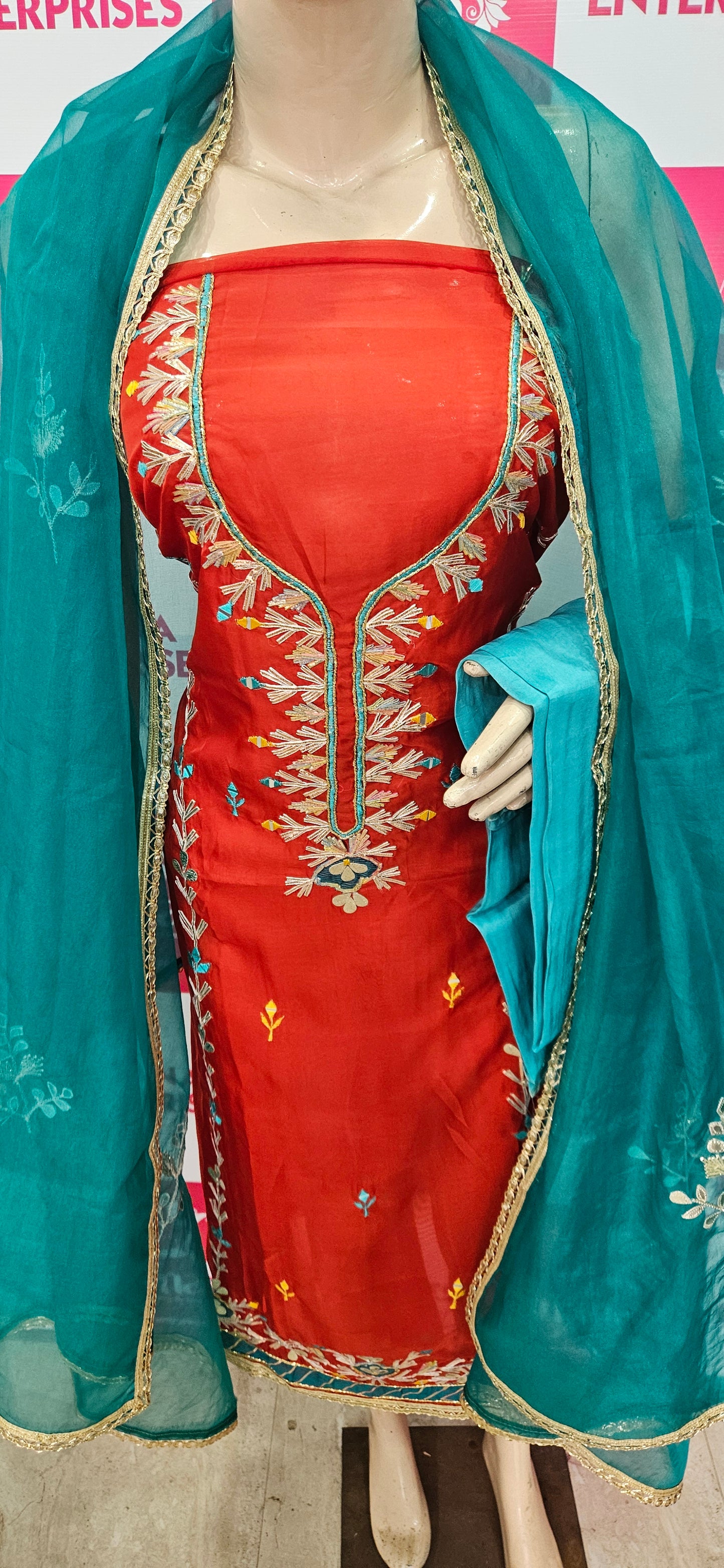 Organza Suit with Gota Work (Style 1) Greenish Blue Dupatta