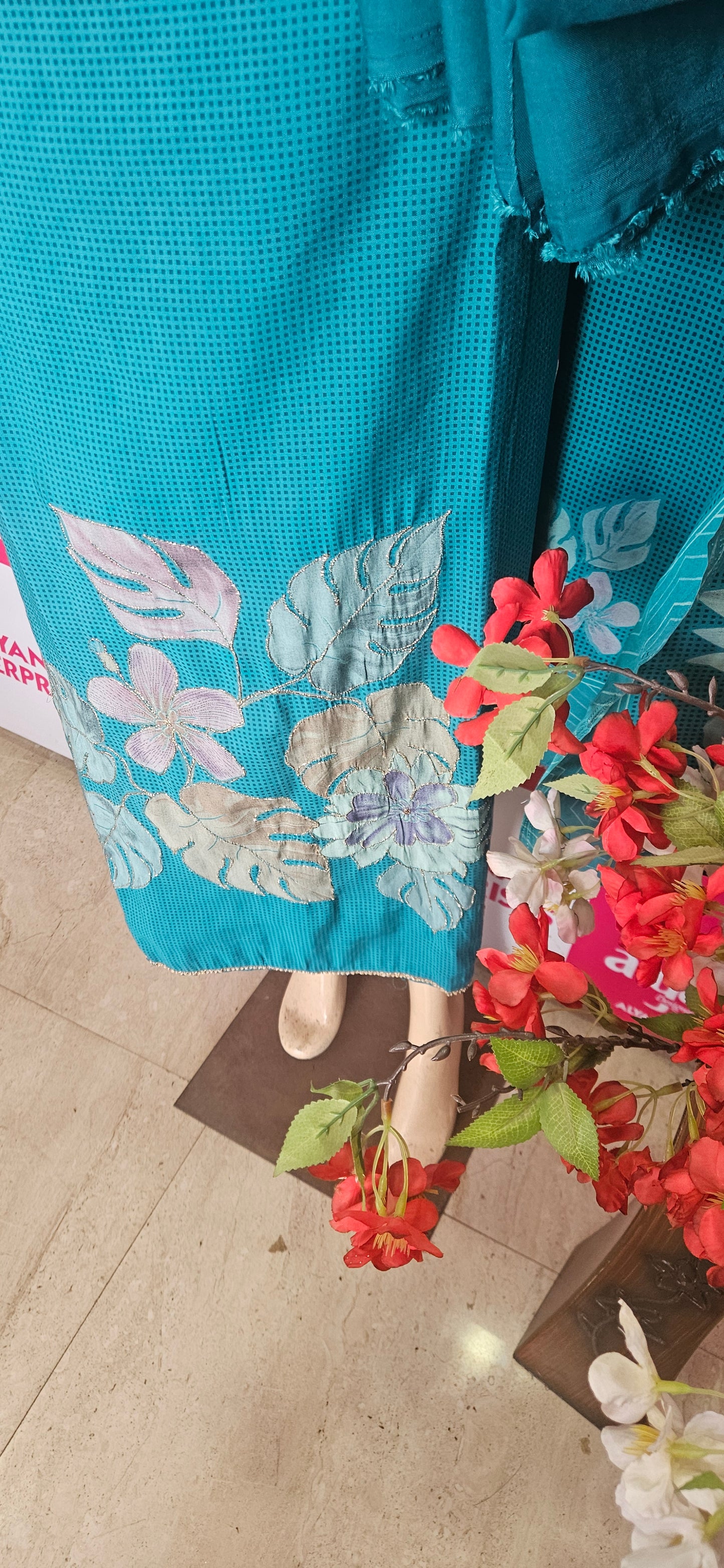Muslin Suit with Zari Work - Norin Turquoise