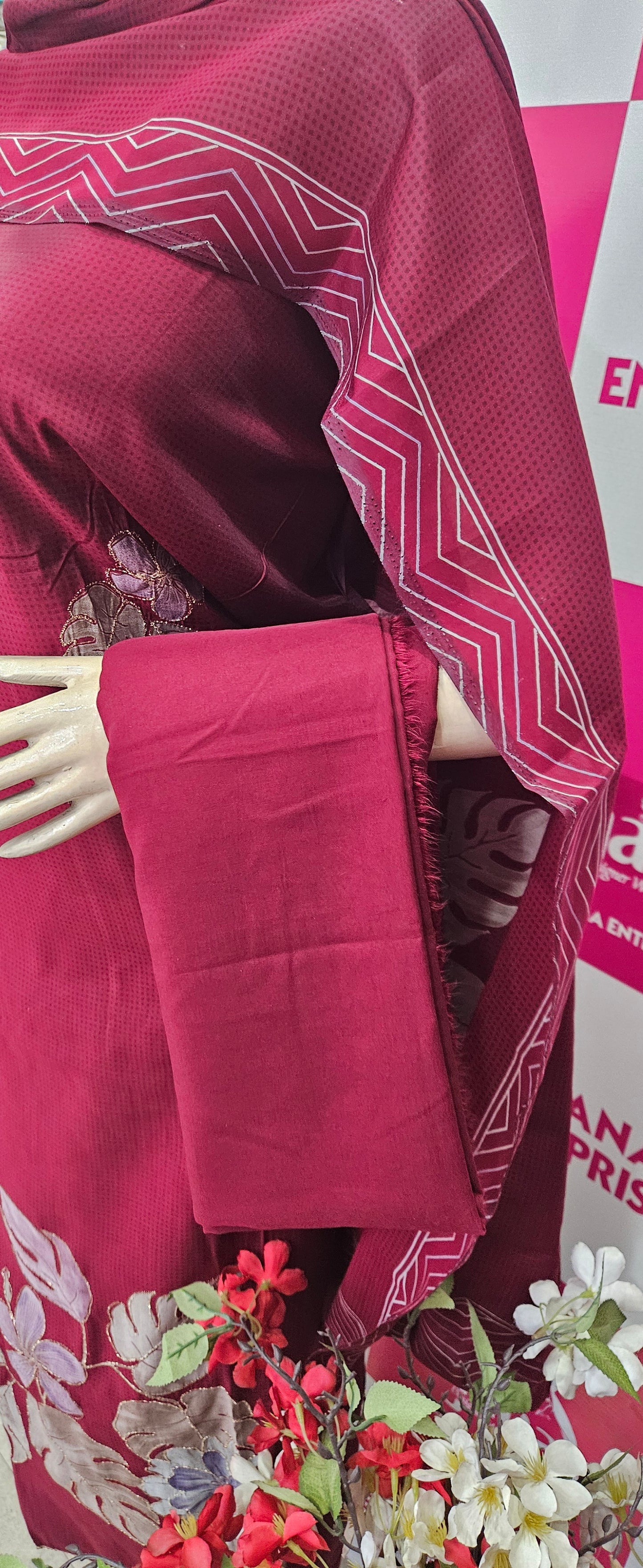 Muslin Suit with Zari Work - Norin Maroon