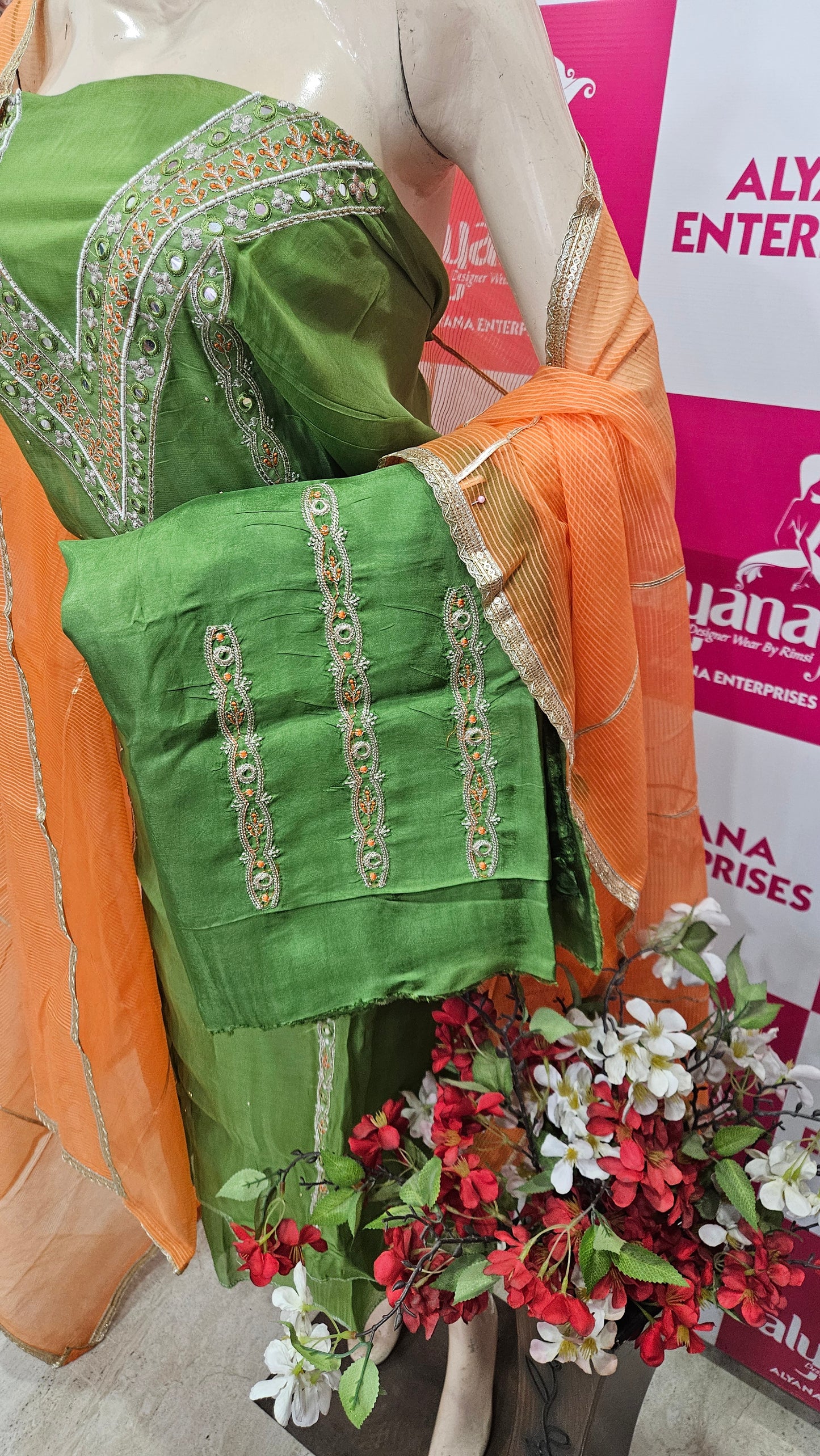 Pure Viscose Organza with Work (Green Orange)