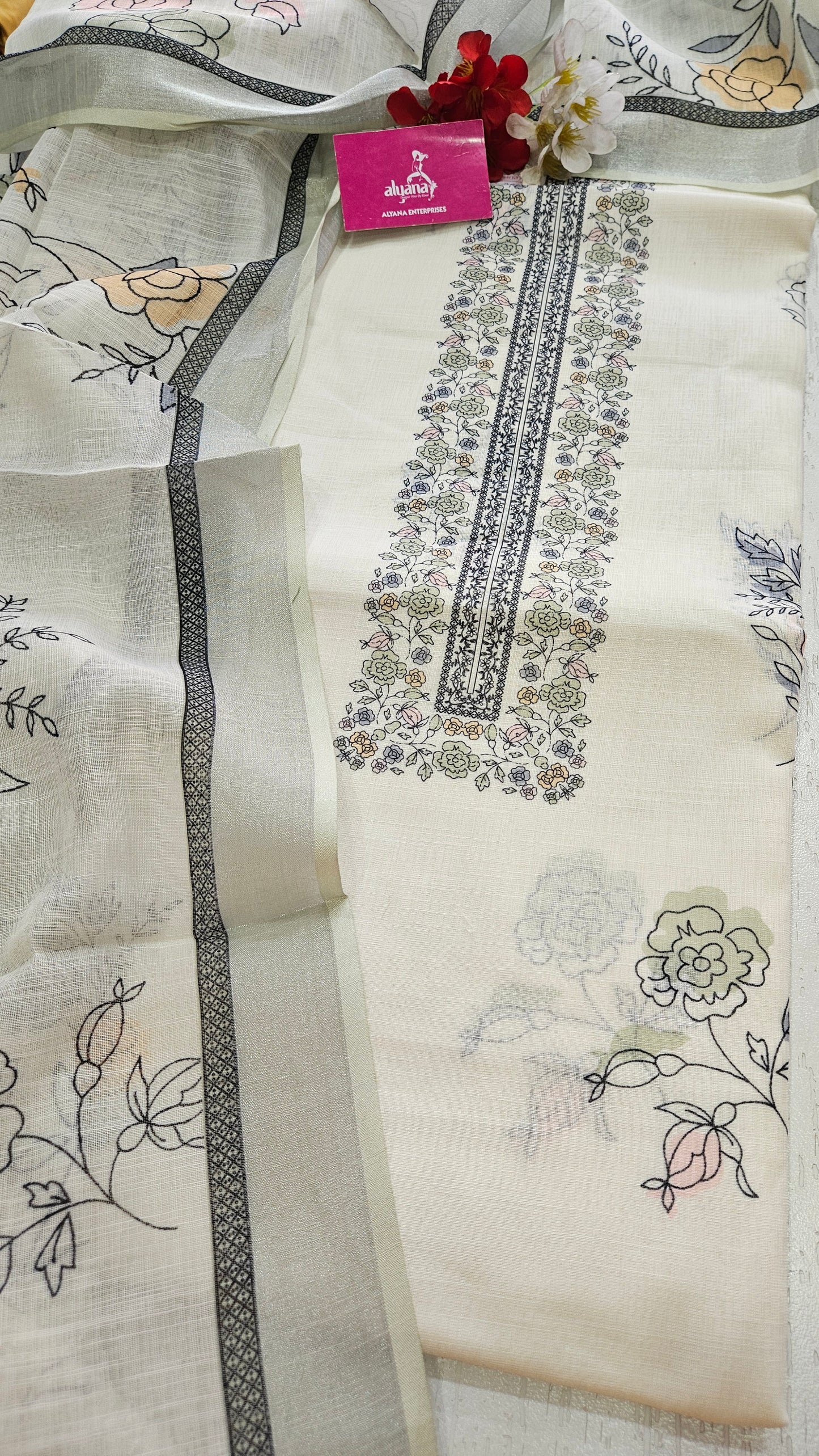 ABC 7091 LINEN UNSTITCHED SUIT (Green Shimmer border)
