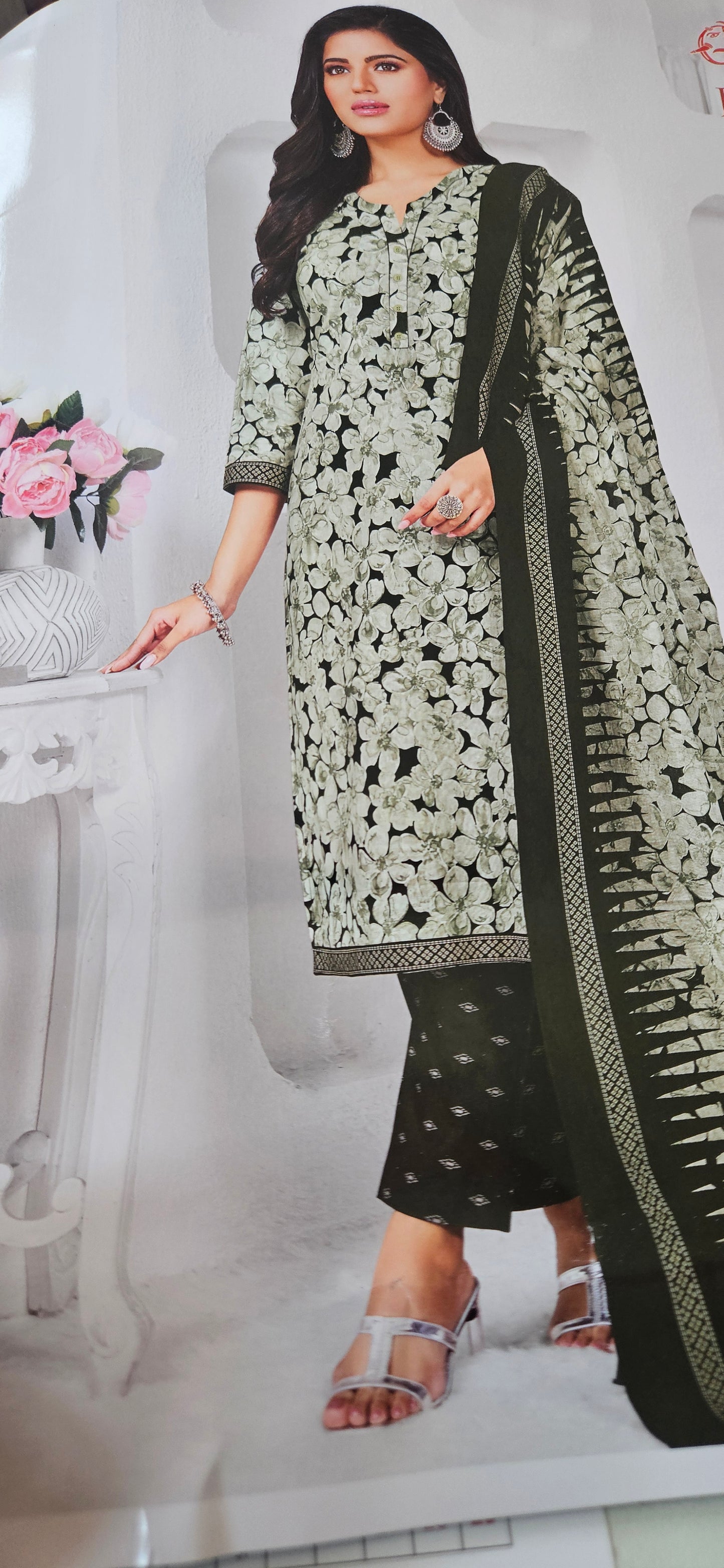 Ganpati Bella Cotton Stitched 3-Piece Suit Set – Olive Green (XXL)