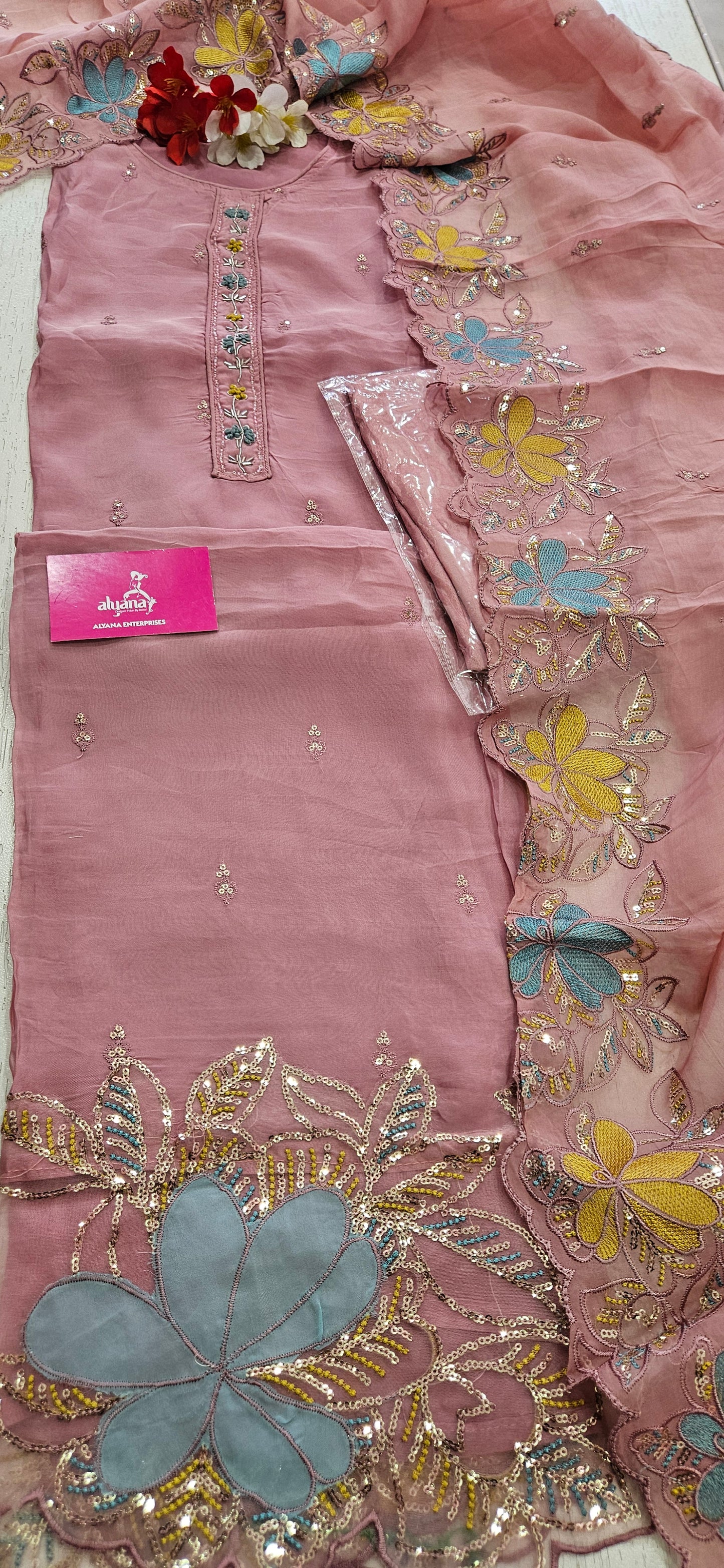 MG Aasman Viscose Organza Designer 3-Piece Unstitched Suit (Pink)