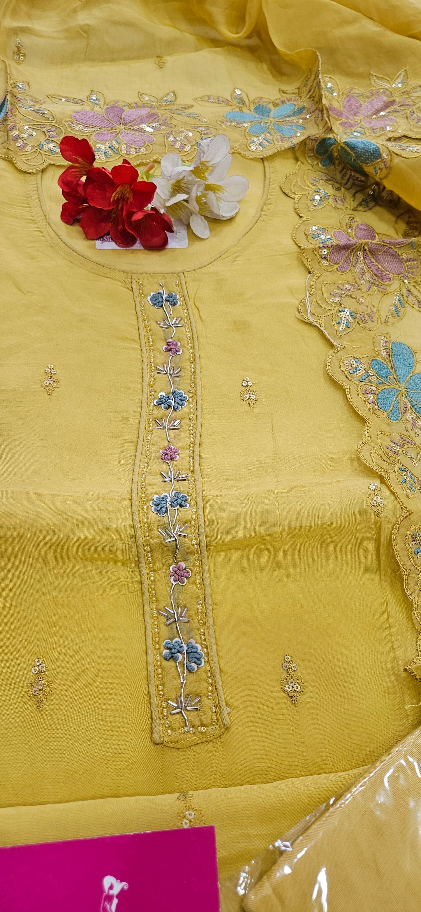 MG Aasman Viscose Organza Designer 3-Piece Unstitched Suit (yellow)