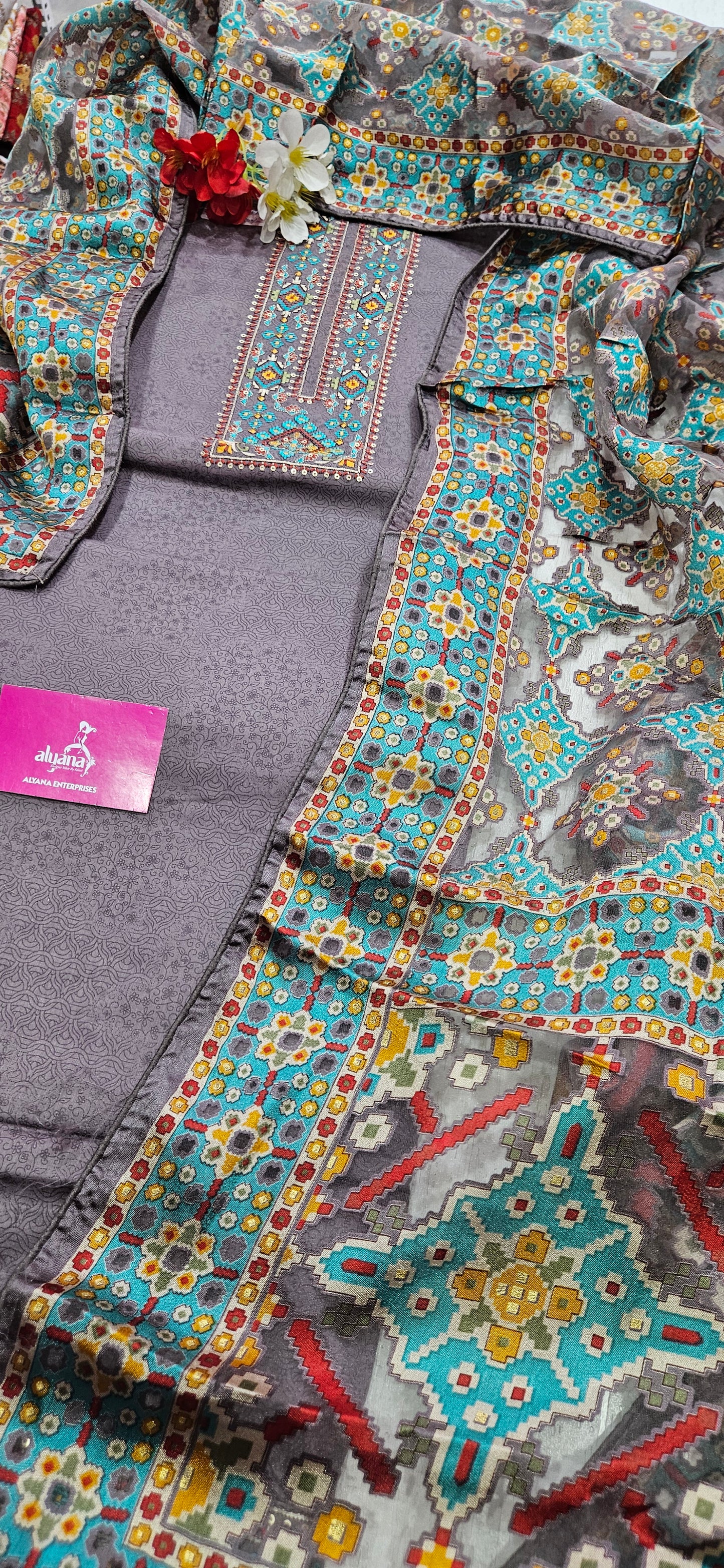 Karachi Patola Jaam Silk Unstitched Suit – Taupe color