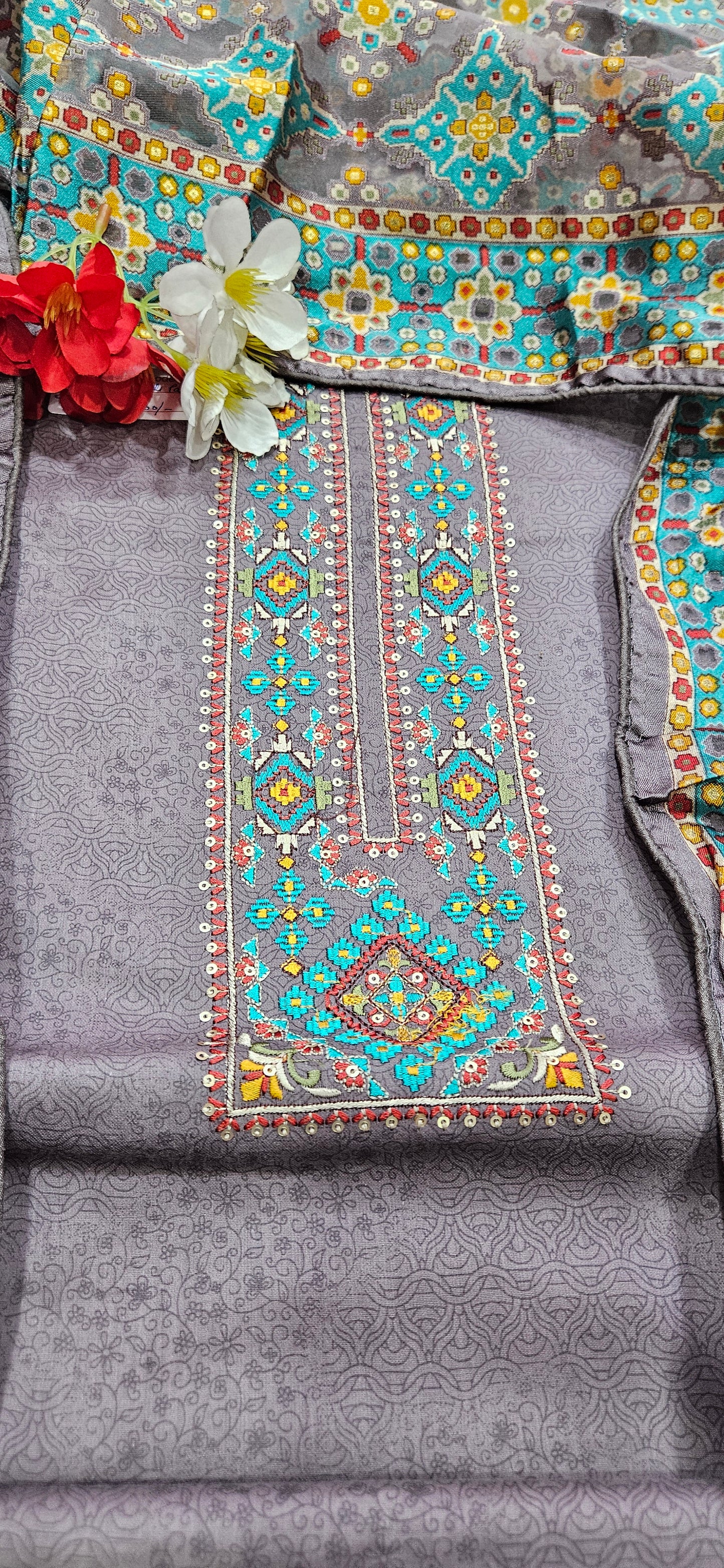 Karachi Patola Jaam Silk Unstitched Suit – Taupe color