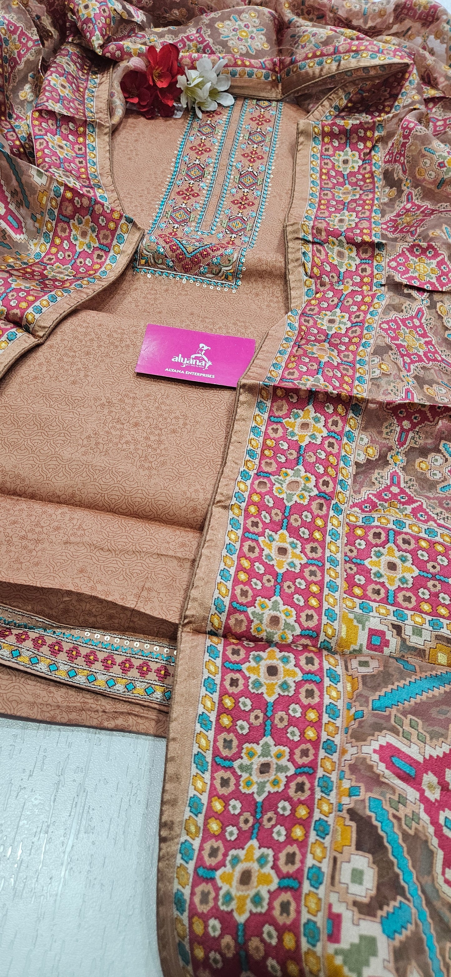 Karachi Patola Jaam Silk Unstitched Suit – Peach