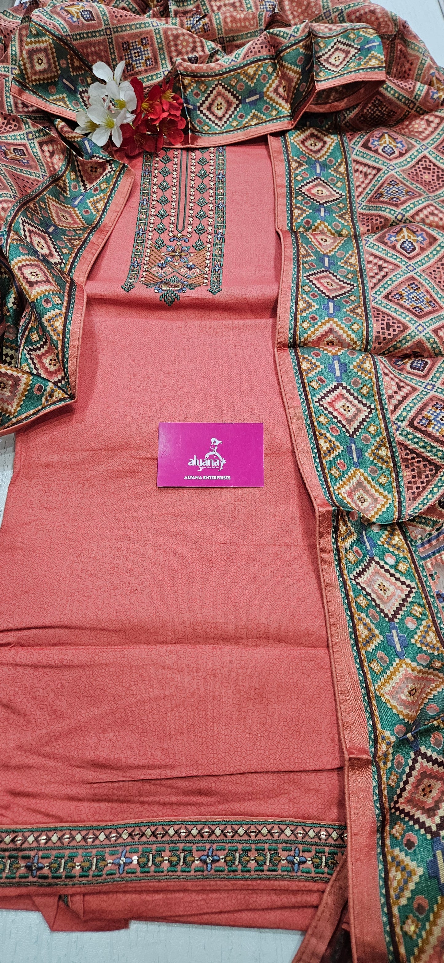 Karachi Patola Jaam Silk Unstitched Suit – Coral Red