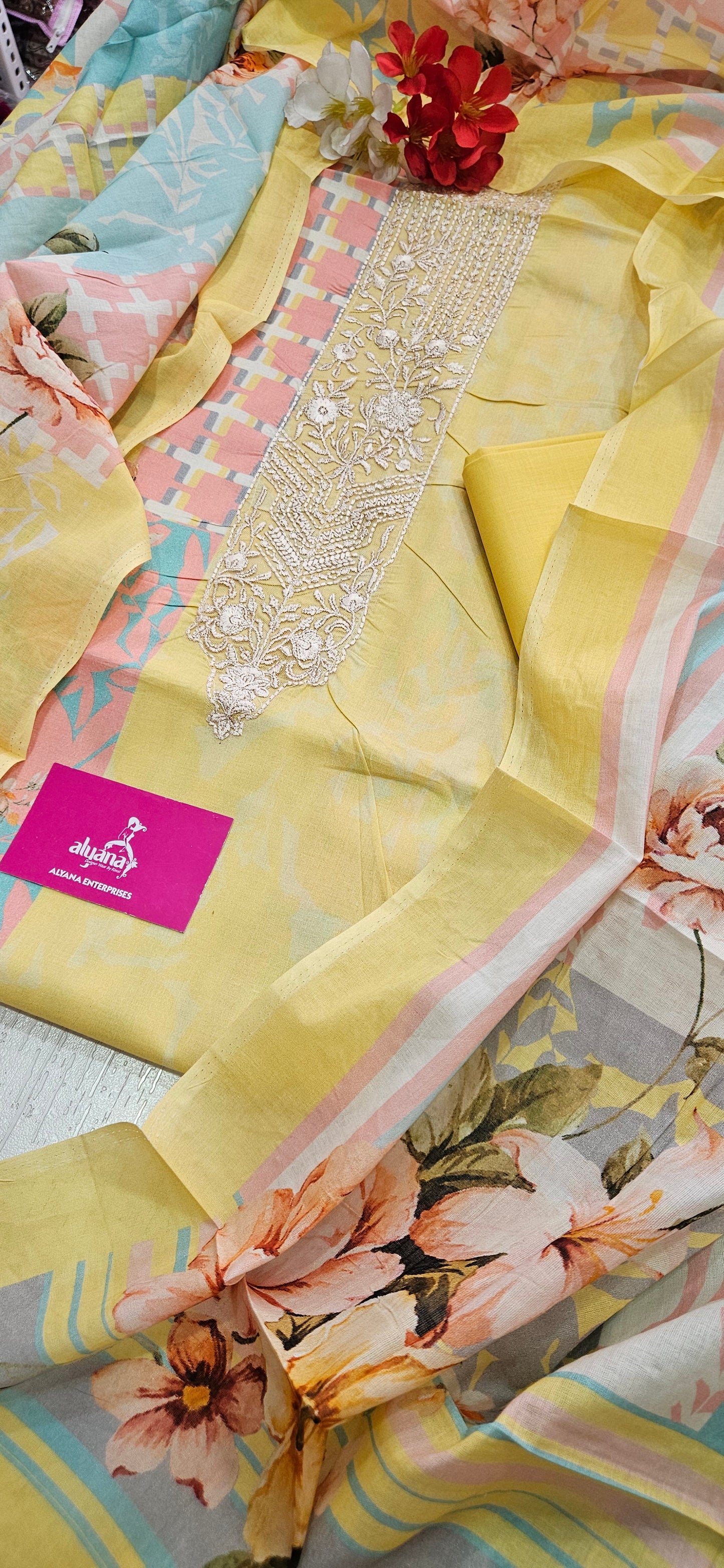 Hues Pure Lawn Cotton Unstitched Suit (Yellow)