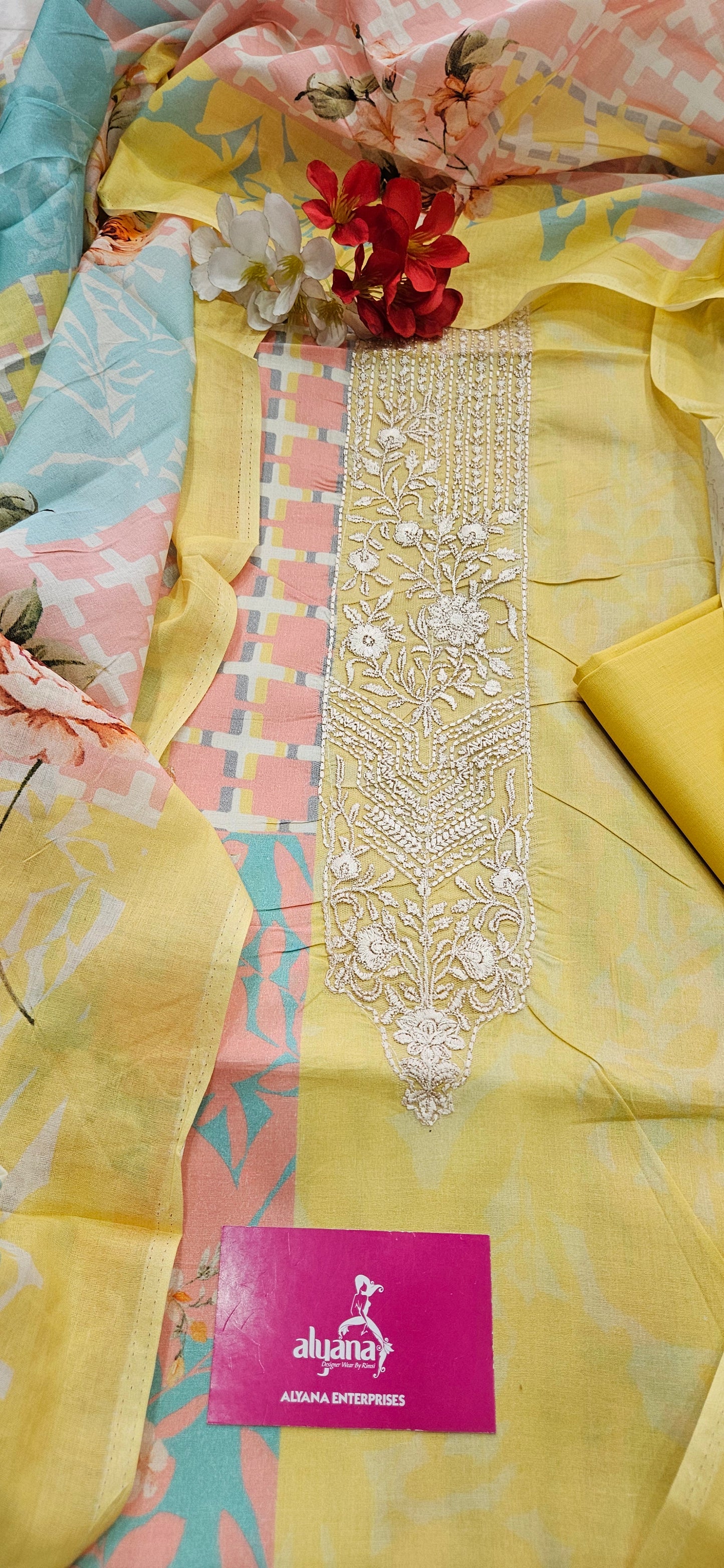 Hues Pure Lawn Cotton Unstitched Suit (Yellow)