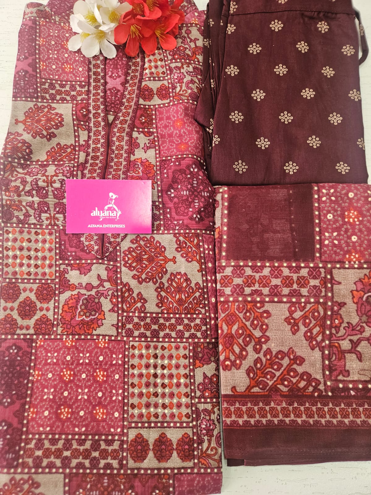 Ganpati Bella Cotton Stitched 3-Piece Suit Set - Maroon (XXL)