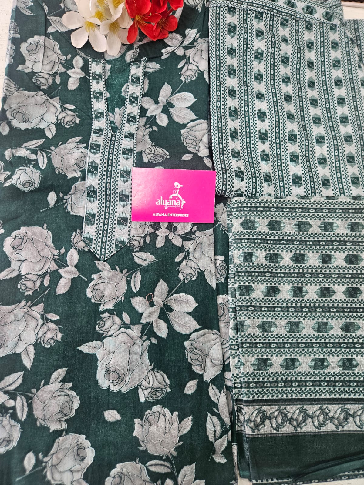 Ganpati Bella Cotton Stitched 3-Piece Suit Set โ Green (XXL)