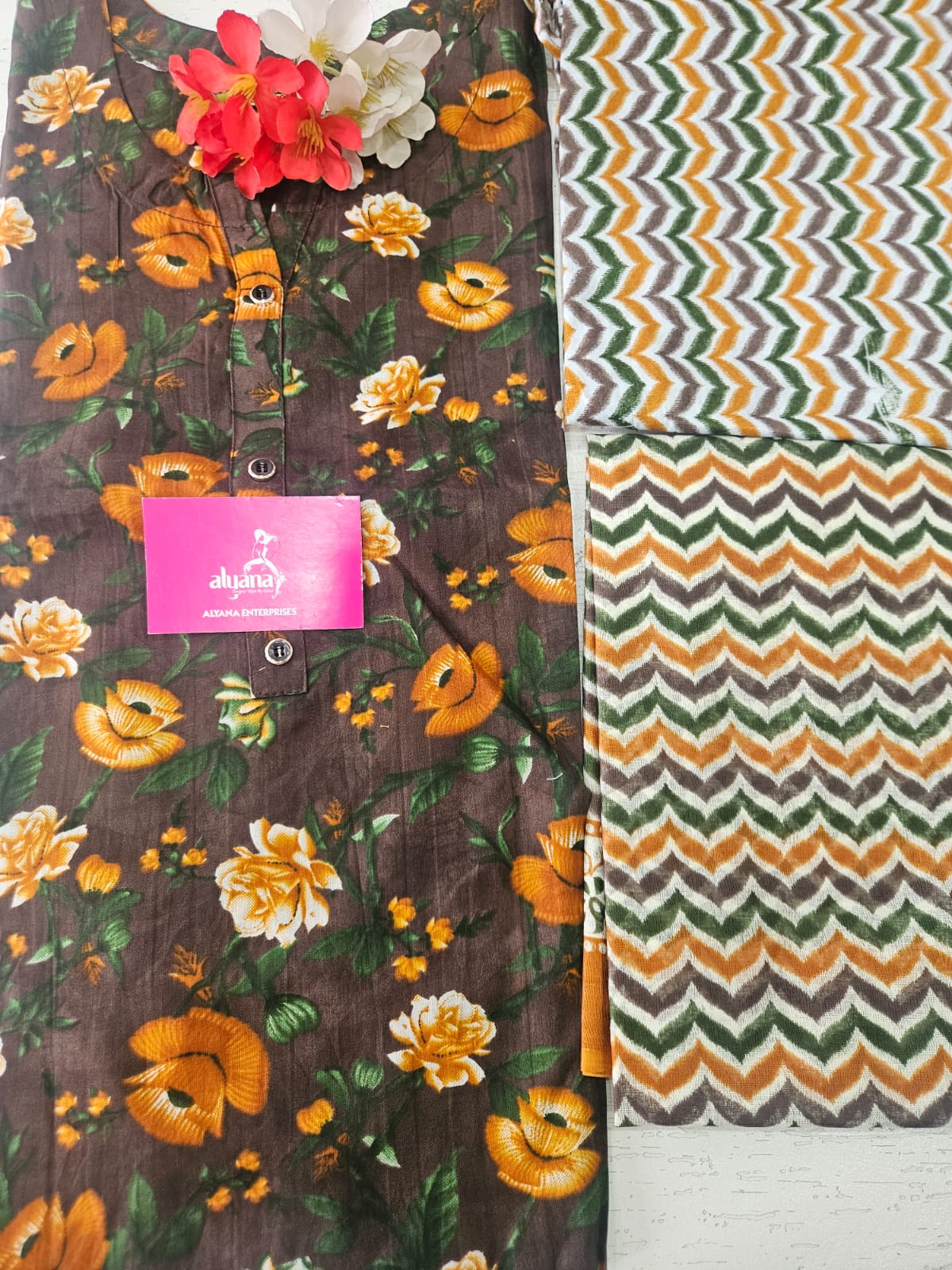 Ganpati Bella Cotton Stitched 3-Piece Suit Set – Dark Brown (XXL)