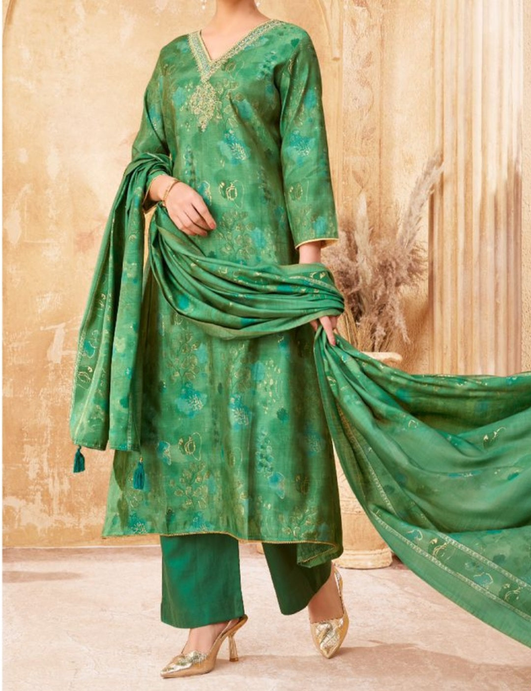 Salvina Modal Muslin with Foil Print Green (Style 1)