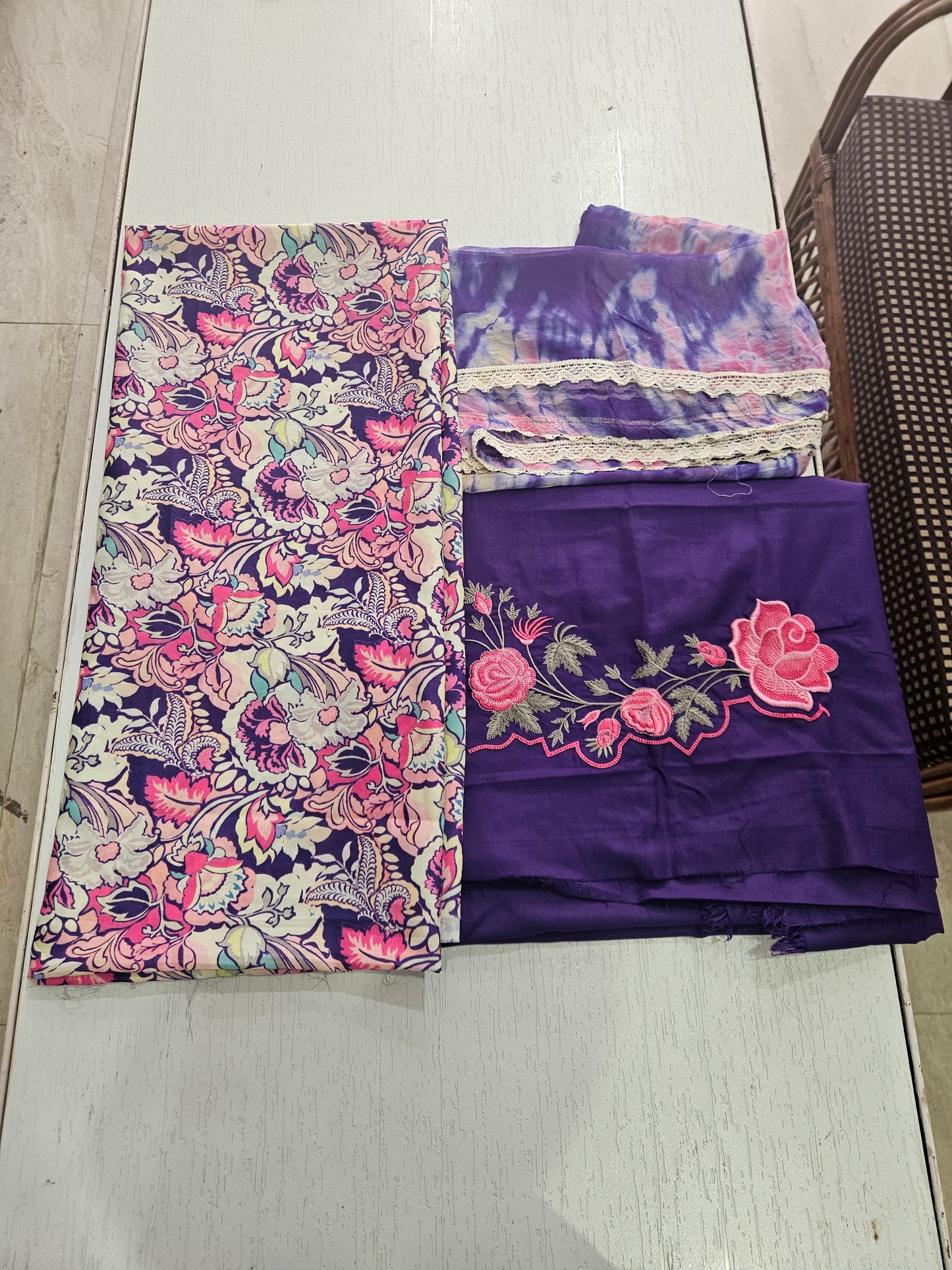 Muslin Printed Suit/Embroidered Bottom- 520812 (Purple)