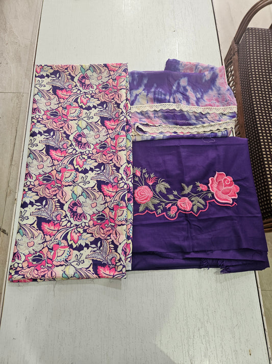 Muslin Printed Suit/Embroidered Bottom- 520812 (Purple)