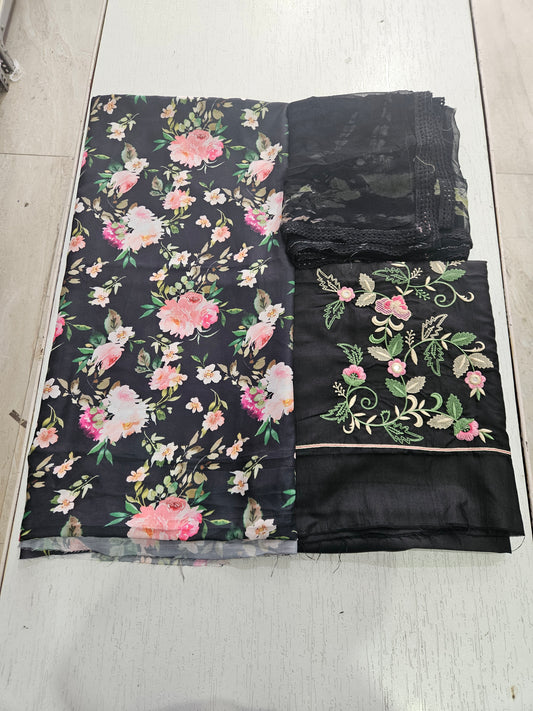 Muslin Printed Suit/Embroidered Bottom- 520812 (BLACKISH TONE)