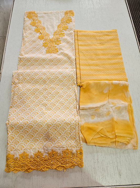 COTTON SUIT with LACE (Half Pure Dupatta) Yellow