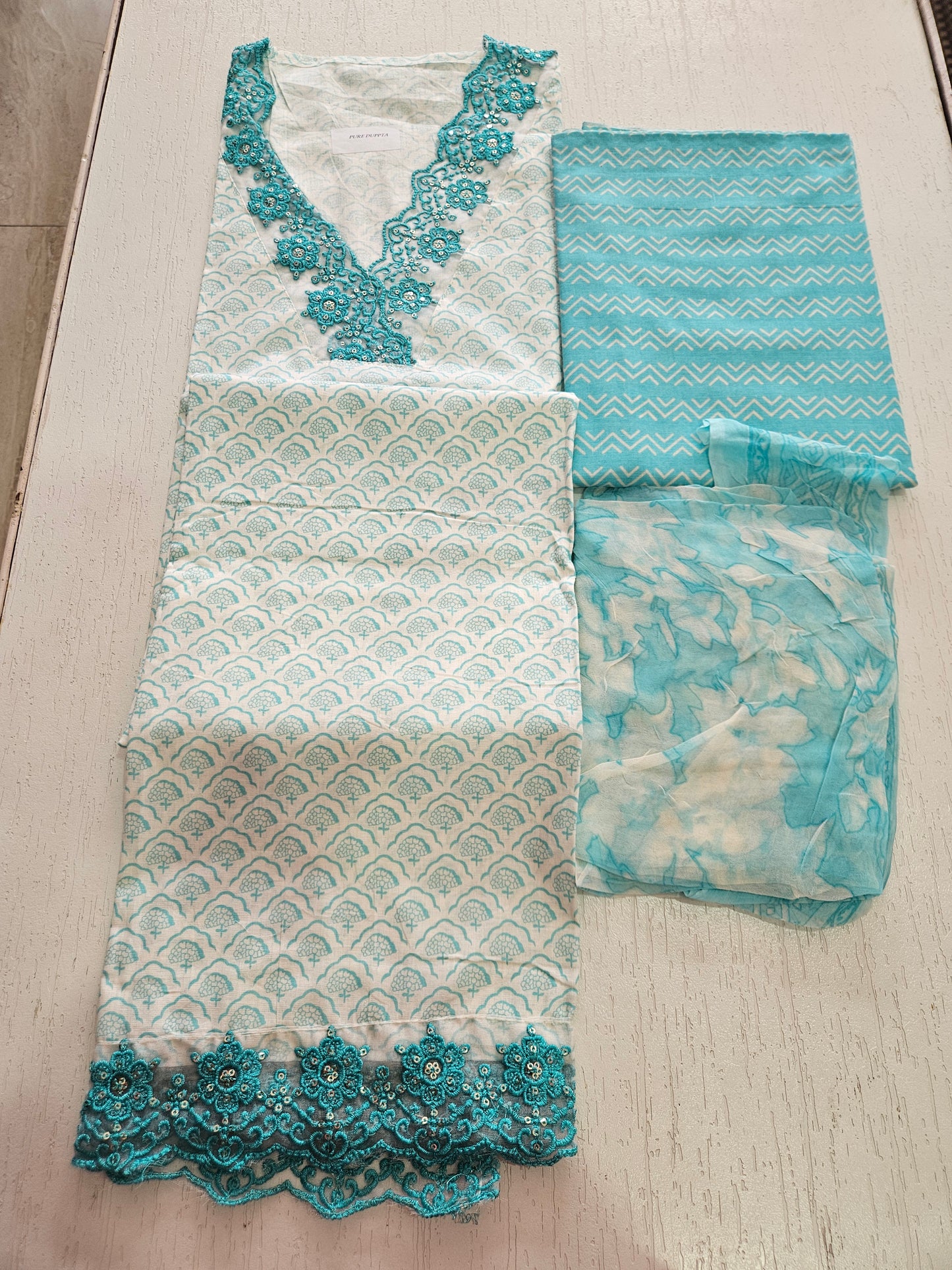 COTTON SUIT with LACE (Half Pure Dupatta) Sky Blue