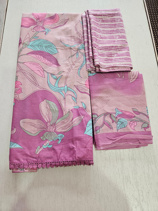 Cotton Printed Suit with Crotia Lace - Pink Tone (Vaari)