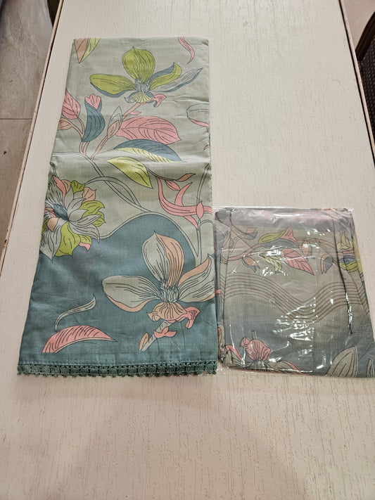 Cotton Printed Suit with Crotia Lace - Green Tone (Vaari)