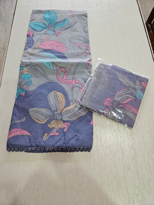 Cotton Printed Suit with Crotia Lace - Blue Tone (Vaari)