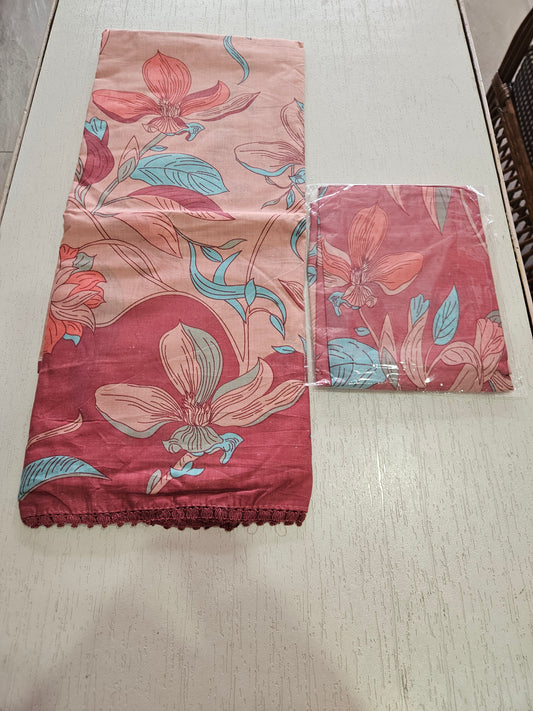 Cotton Printed Suit with Crotia Lace - Peach Tone (Vaari)