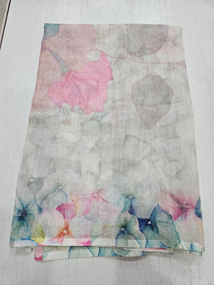 Linen Printed Suit - Lace on V Neck and Ghera (7059) Pink
