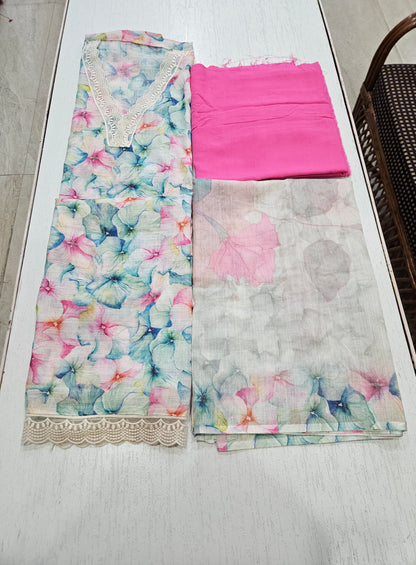 Linen Printed Suit - Lace on V Neck and Ghera (7059) Pink