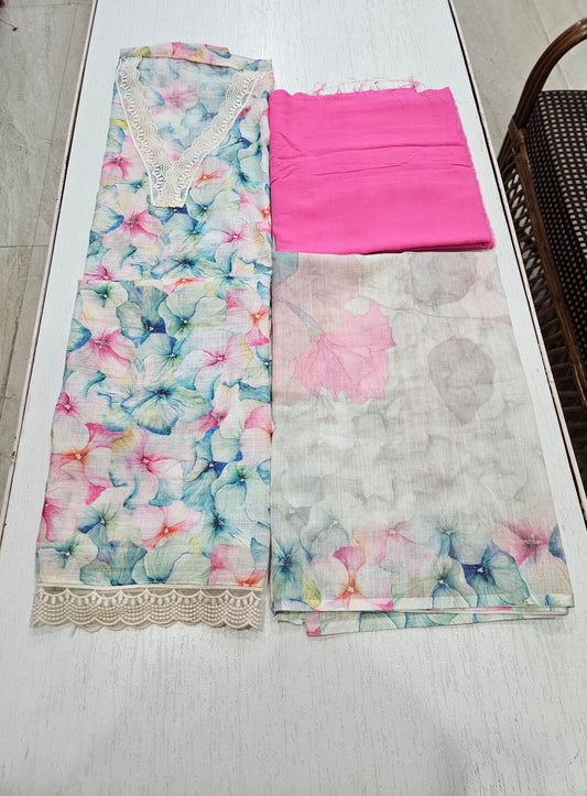 Linen Printed Suit - Lace on V Neck and Ghera (7059) Pink