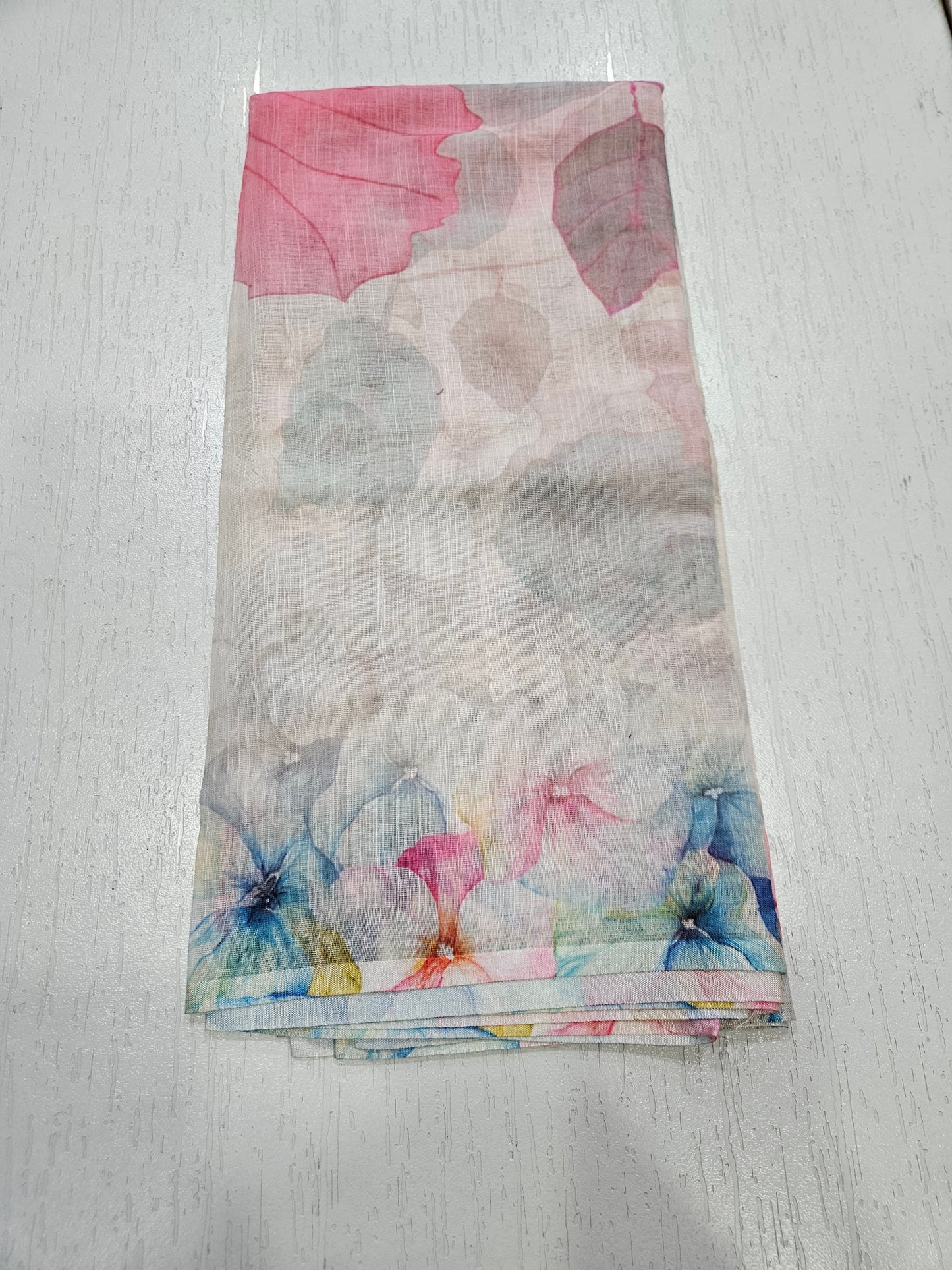 Linen Printed Suit - Lace on V Neck and Ghera (7059) Blue