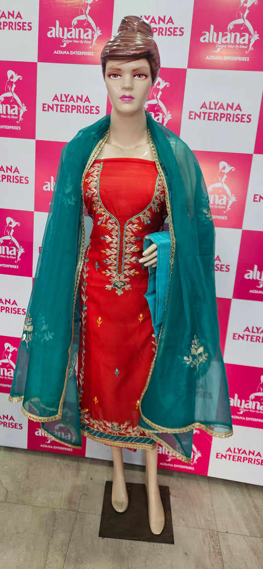 Organza Suit with Gota Work (Style 1) Greenish Blue Dupatta