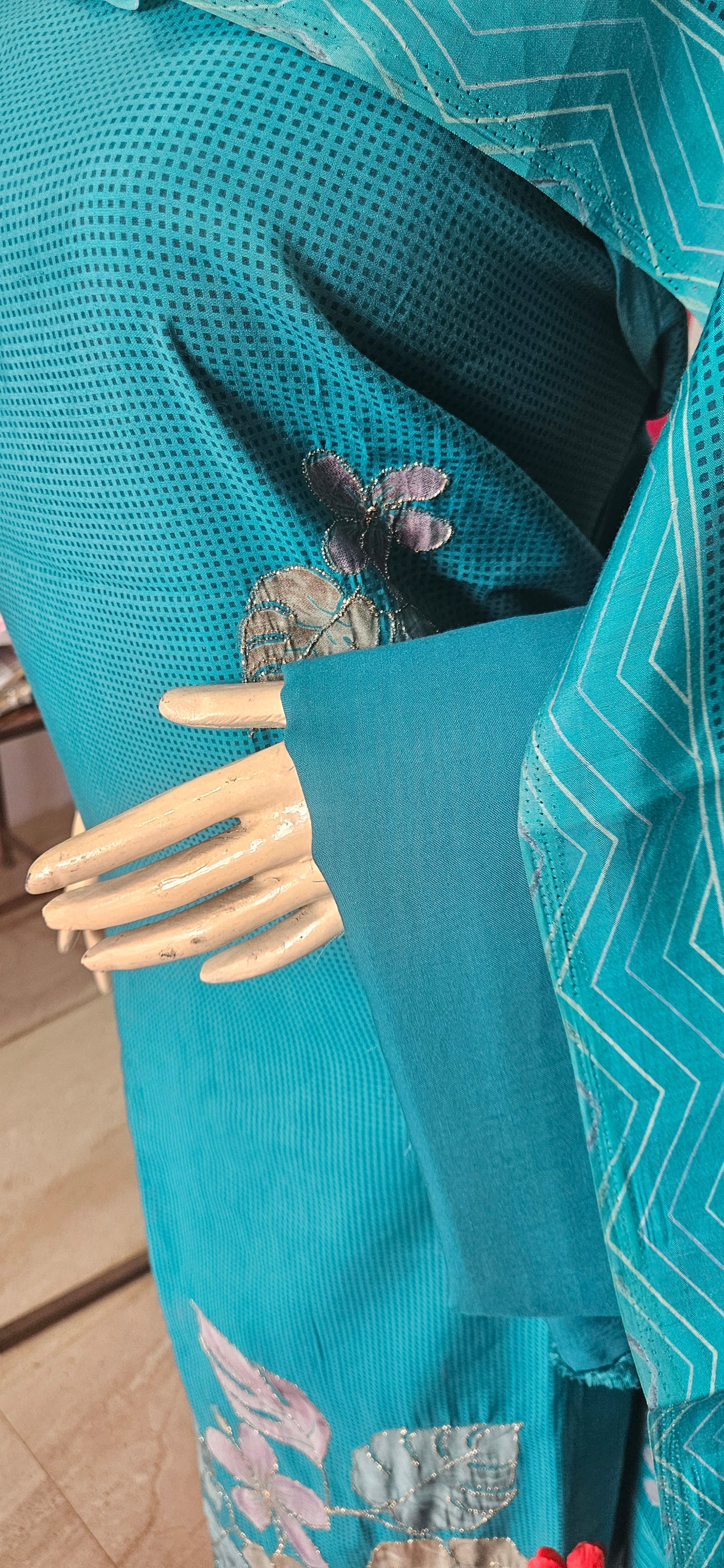 Muslin Suit with Zari Work - Norin Turquoise