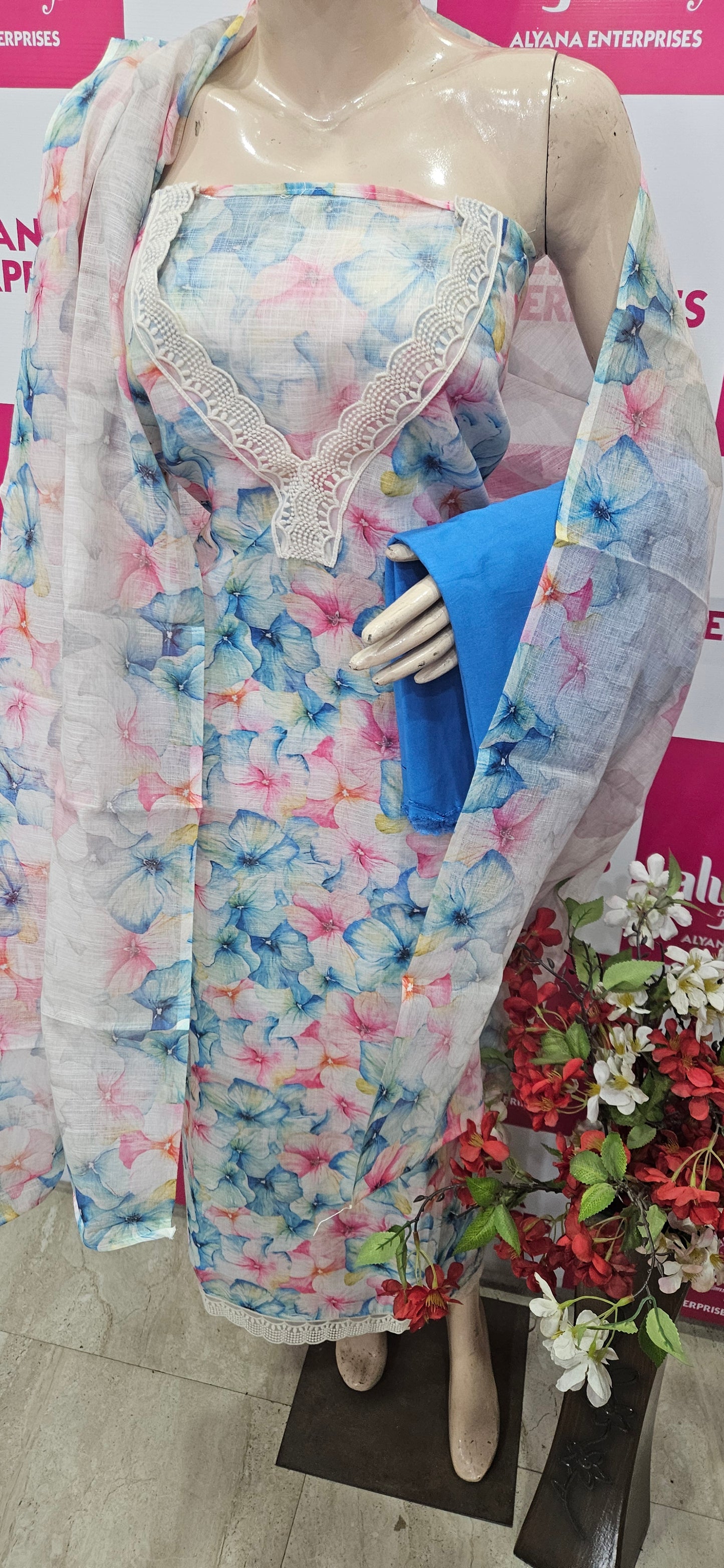 Linen Printed Suit - Lace on V Neck and Ghera (7059) Blue