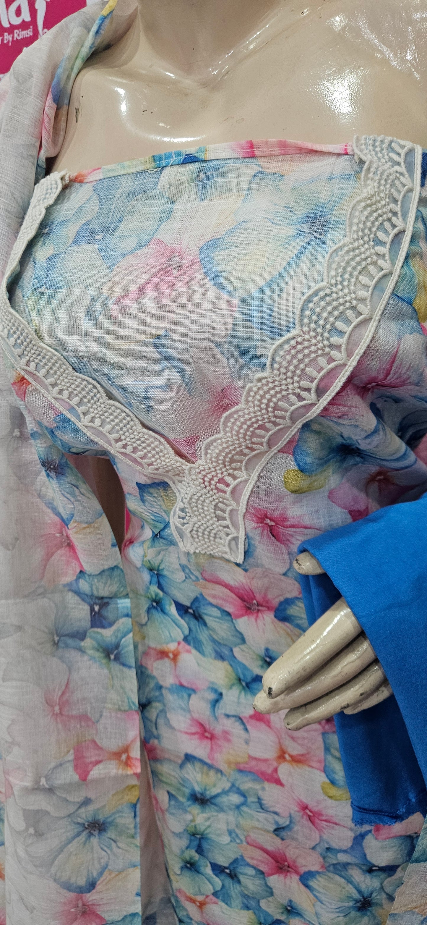Linen Printed Suit - Lace on V Neck and Ghera (7059) Blue
