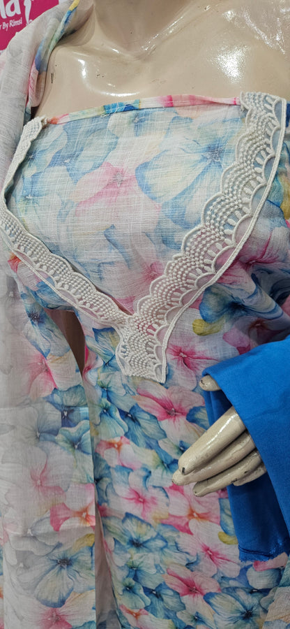 Linen Printed Suit - Lace on V Neck and Ghera (7059) Blue
