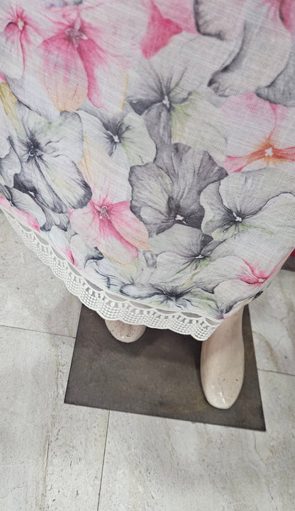 Linen Printed Suit - Lace on V Neck and Ghera (7059) Grey