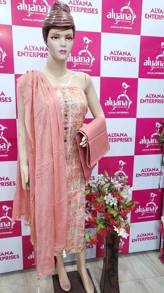 Linen Printed Suit with AARI Work - M8333 Pink Tone