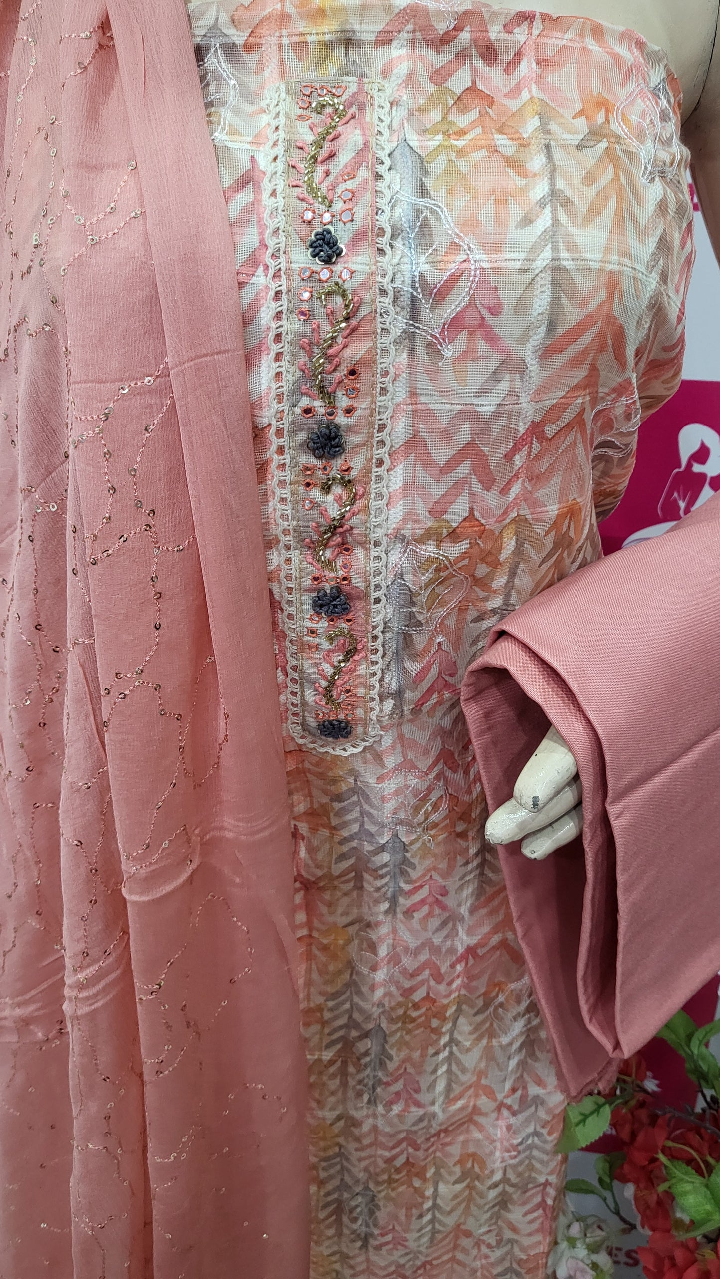 Linen Printed Suit with AARI Work - M8333 Pink Tone