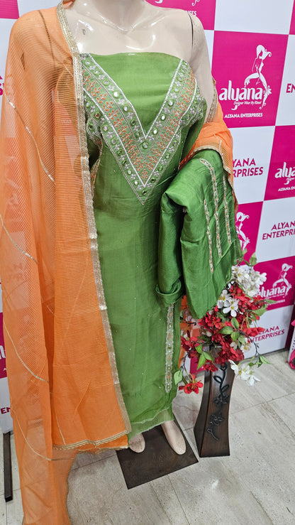 Pure Viscose Organza with Work (Green Orange)